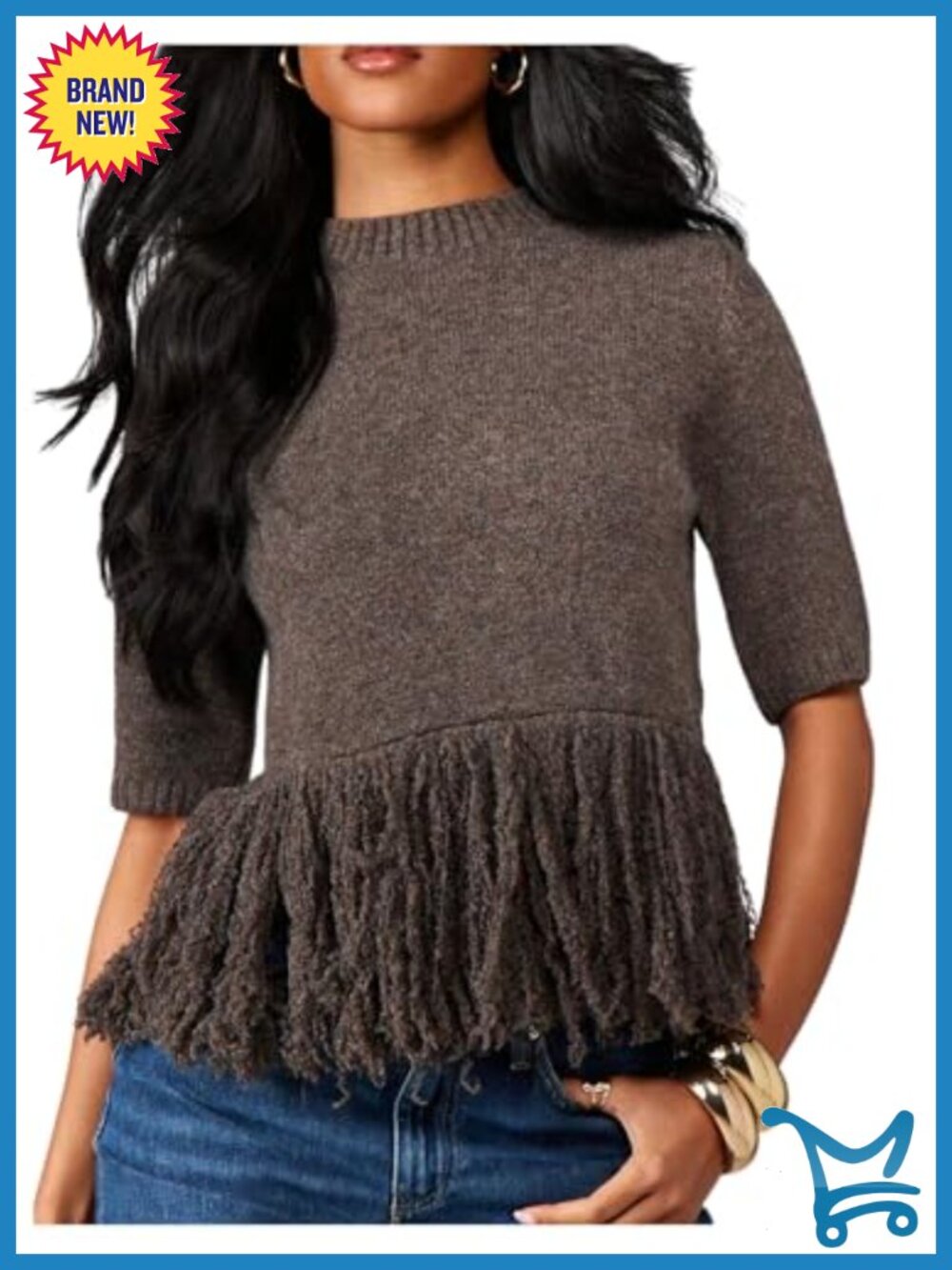 Y2k Fringe Short Sleeve Sweater Lightweight Knitted Tassel Hem Top